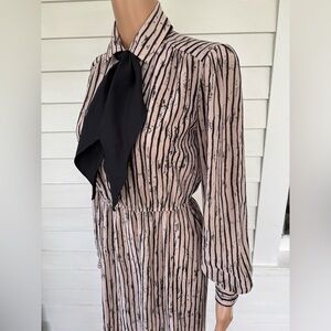 70s Sheer Striped Dress Vintage Secretary Beige Black S